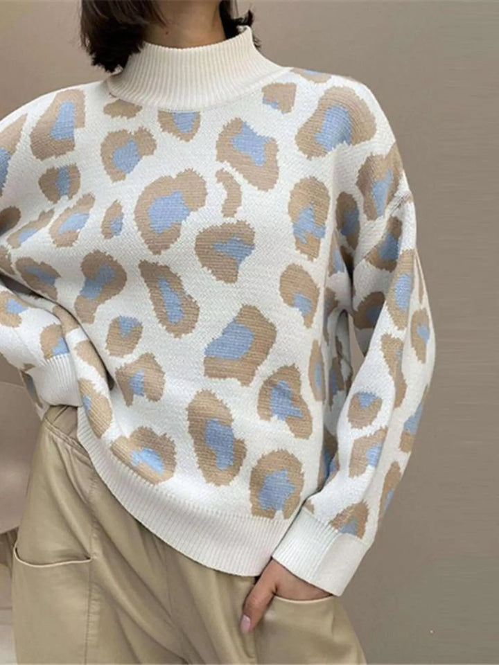 Blue Leopard print long sleeve mock neck knit sweater
