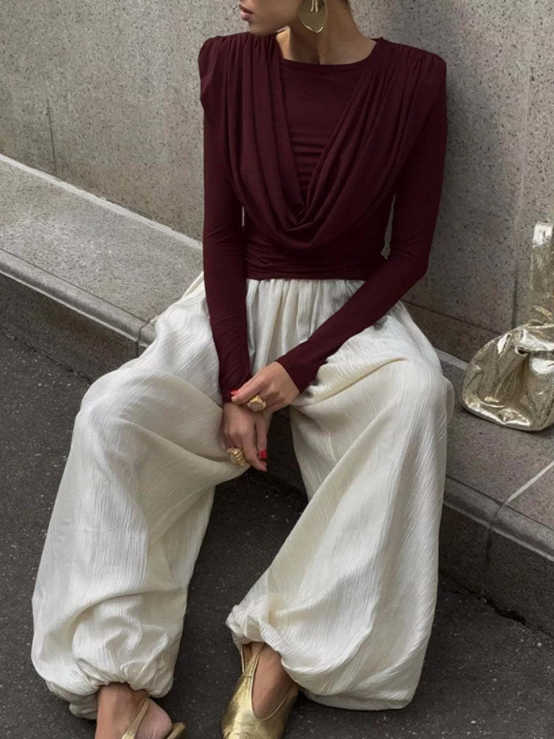 Draped cowl neck long sleeve top with ruched sides