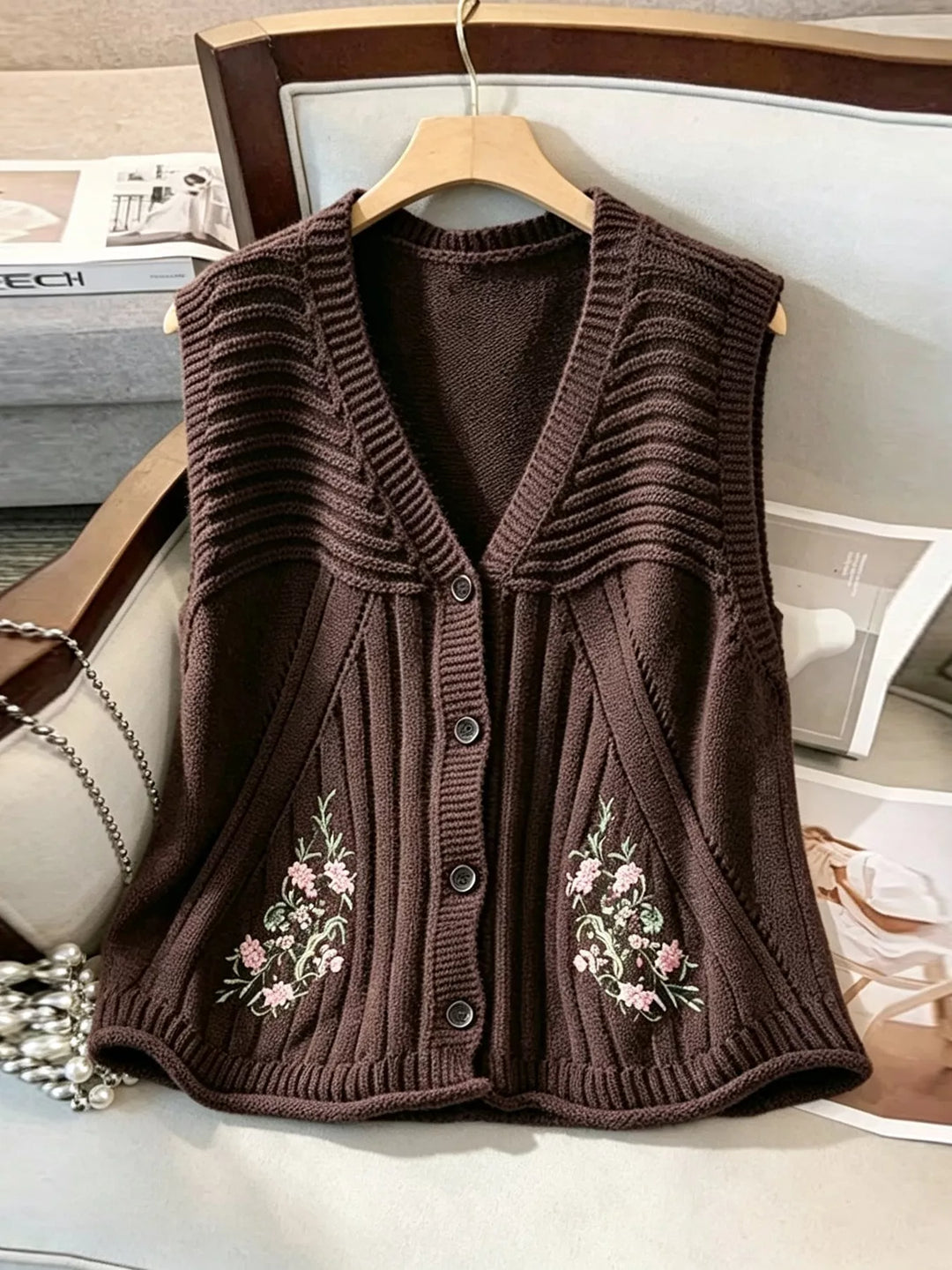 Floral embroidered knit sweater vest with button front