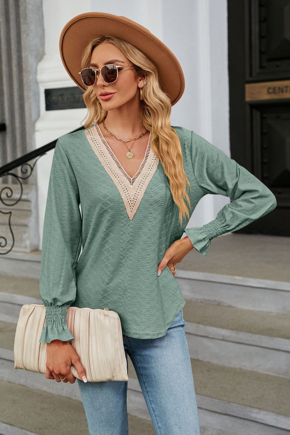 Contrast crochet V-neck blouse with flounce sleeves