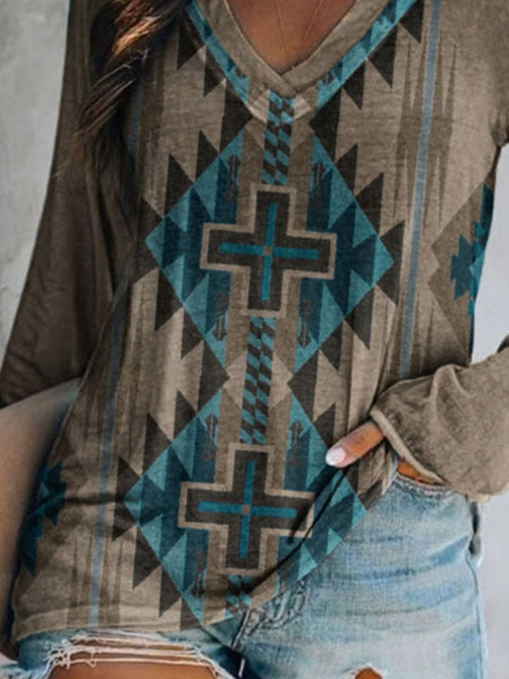 Aztec geometric print v-neck long sleeve top