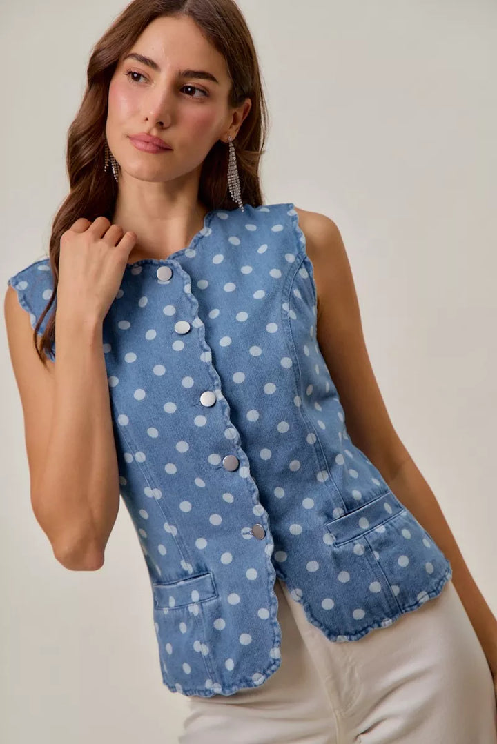 DENIM Polka dot denim button-down vest with scallop edge trim