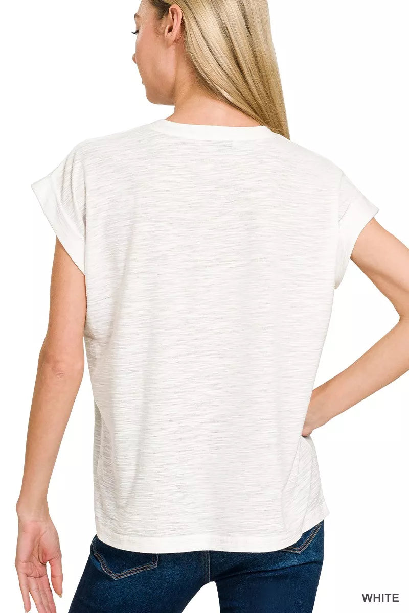 Slub knit tee with cuffed short sleeves and crew neck