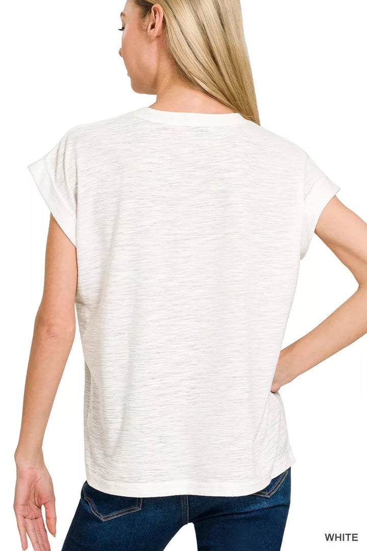 Slub knit tee with cuffed short sleeves and crew neck