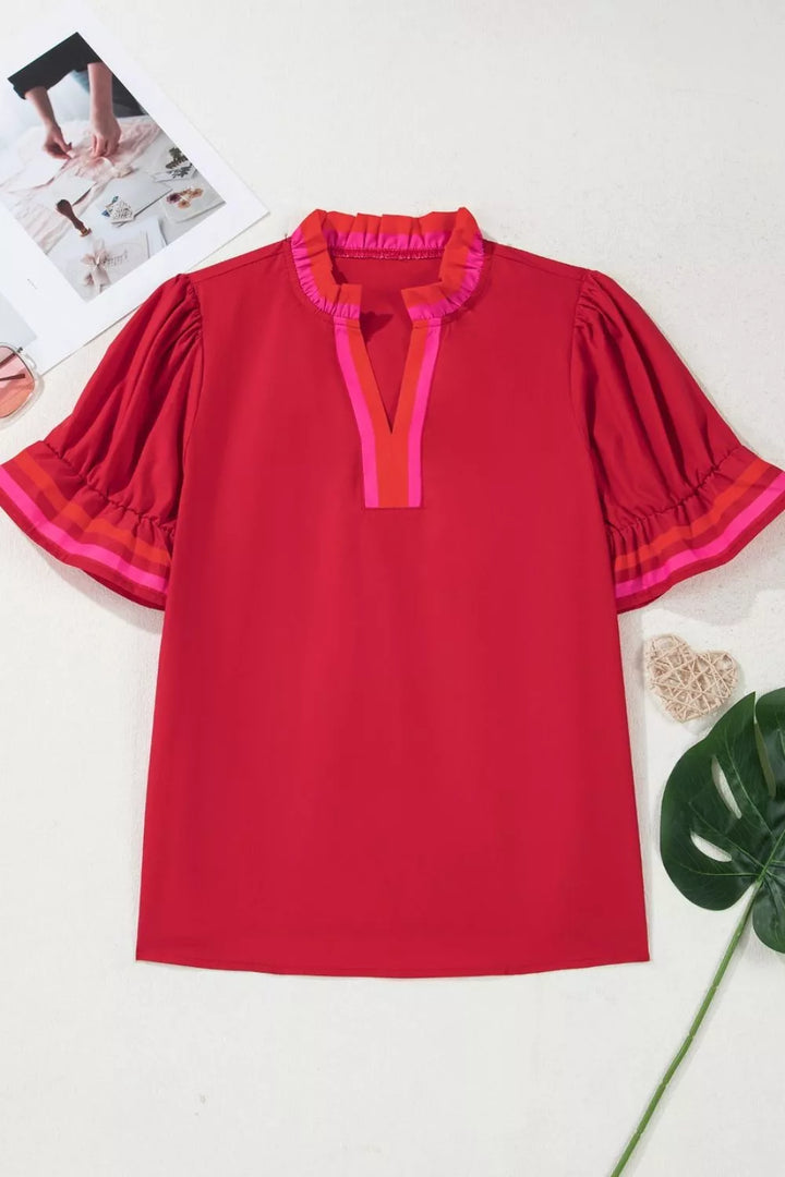 Puff sleeve notched blouse with striped ruffle cuffs
