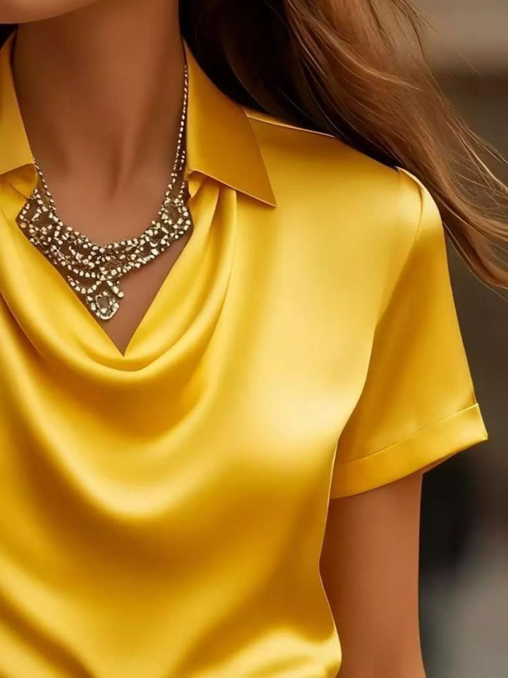 Cowl neck satin blouse with collar and cuffed short sleeves