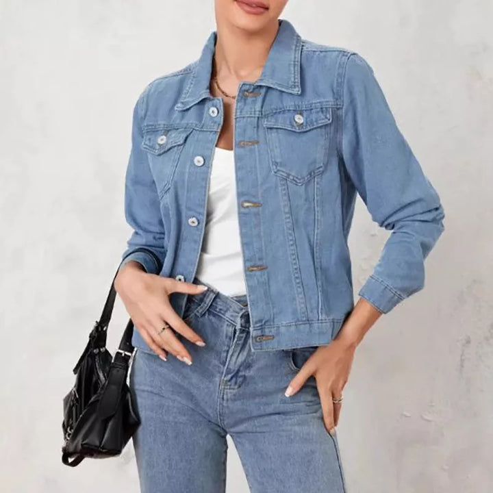 Light Blue Cropped button-up denim trucker jacket with chest pockets