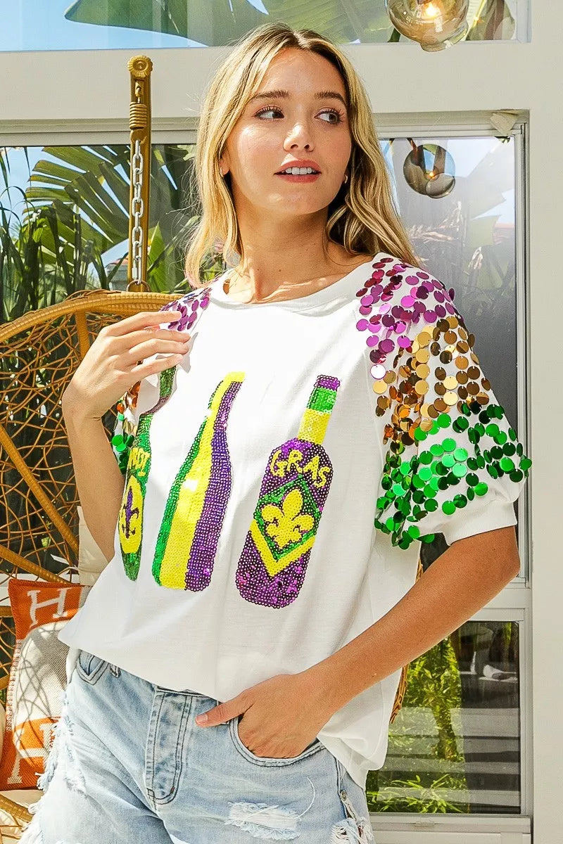 Sequin Mardi Gras bottles graphic tee with paillette sleeves