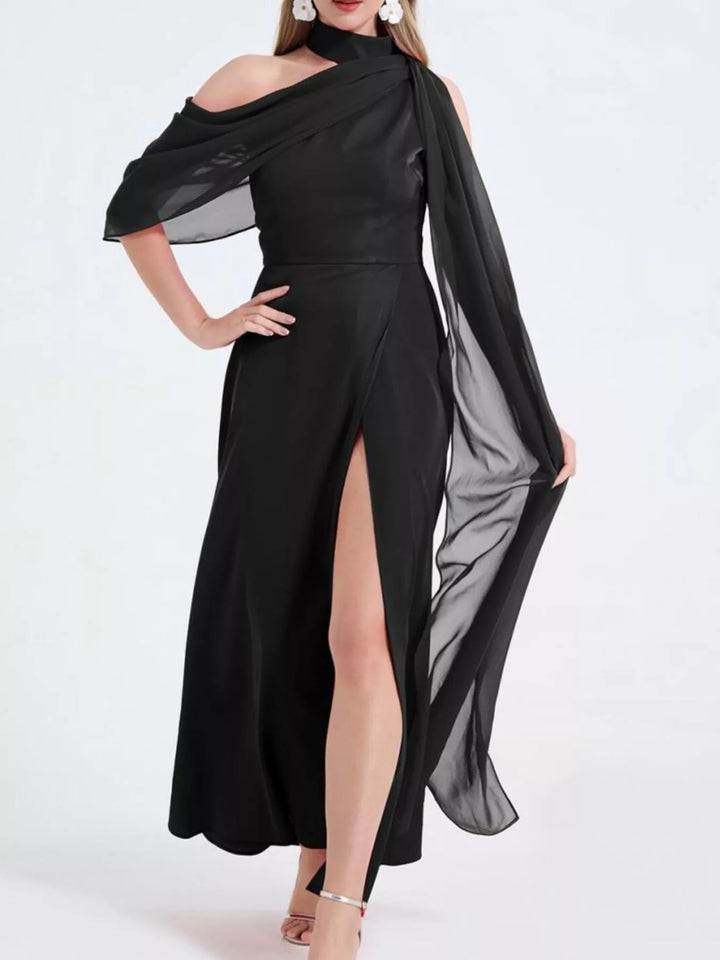 Asymmetric one-shoulder maxi dress with high thigh slit