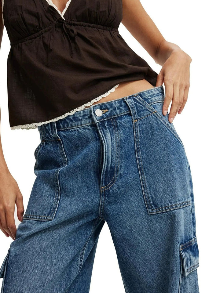 Wide leg cargo jeans with side flap pockets