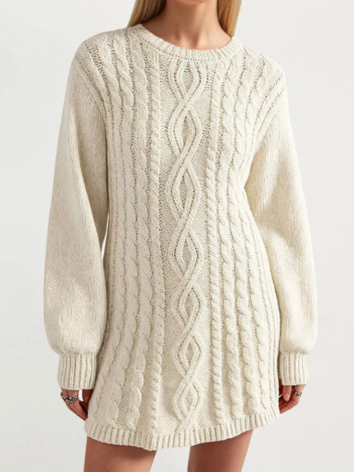 Cable knit long sleeve sweater mini dress with ribbed hem