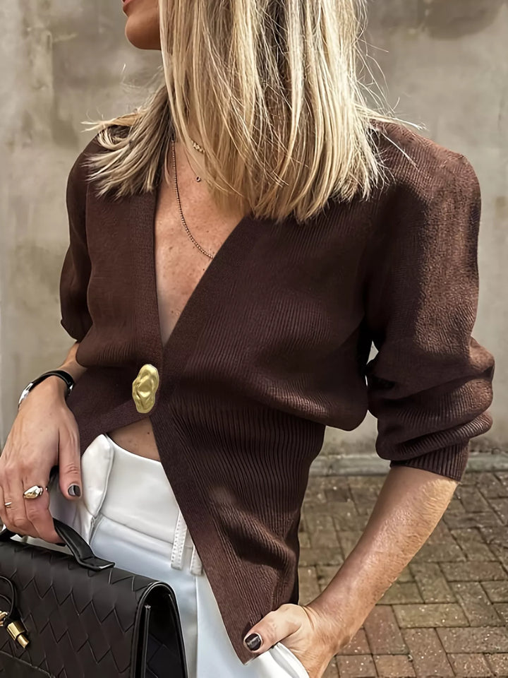 Gold-button deep V-neck knit cardigan with split hem
