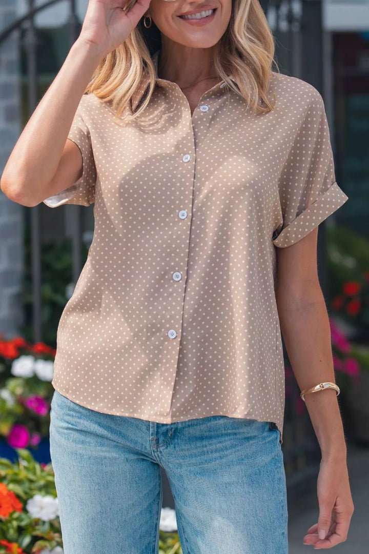 Polka dot short-sleeve button-down collared shirt