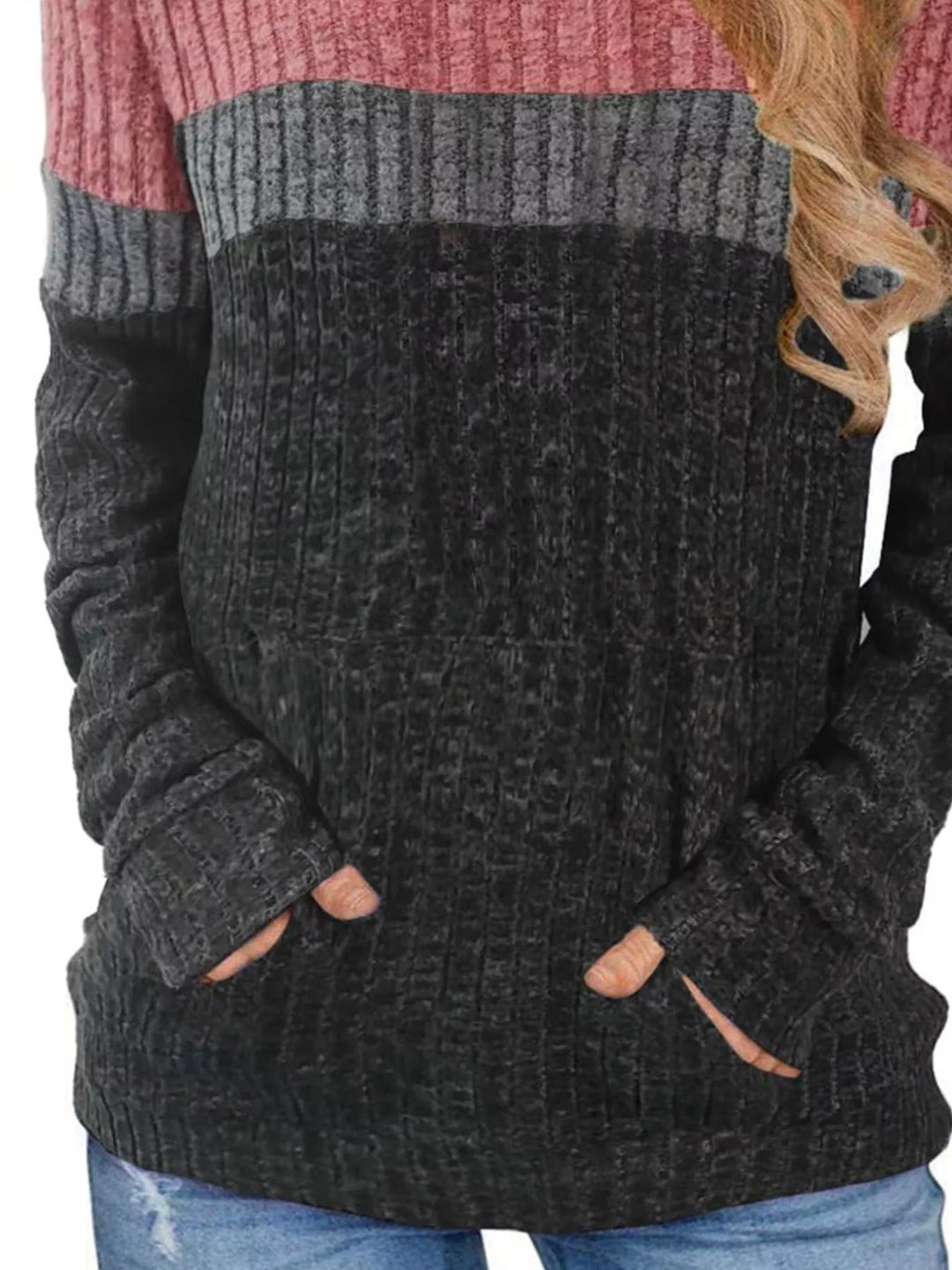 Color block ribbed knit hoodie with kangaroo pocket