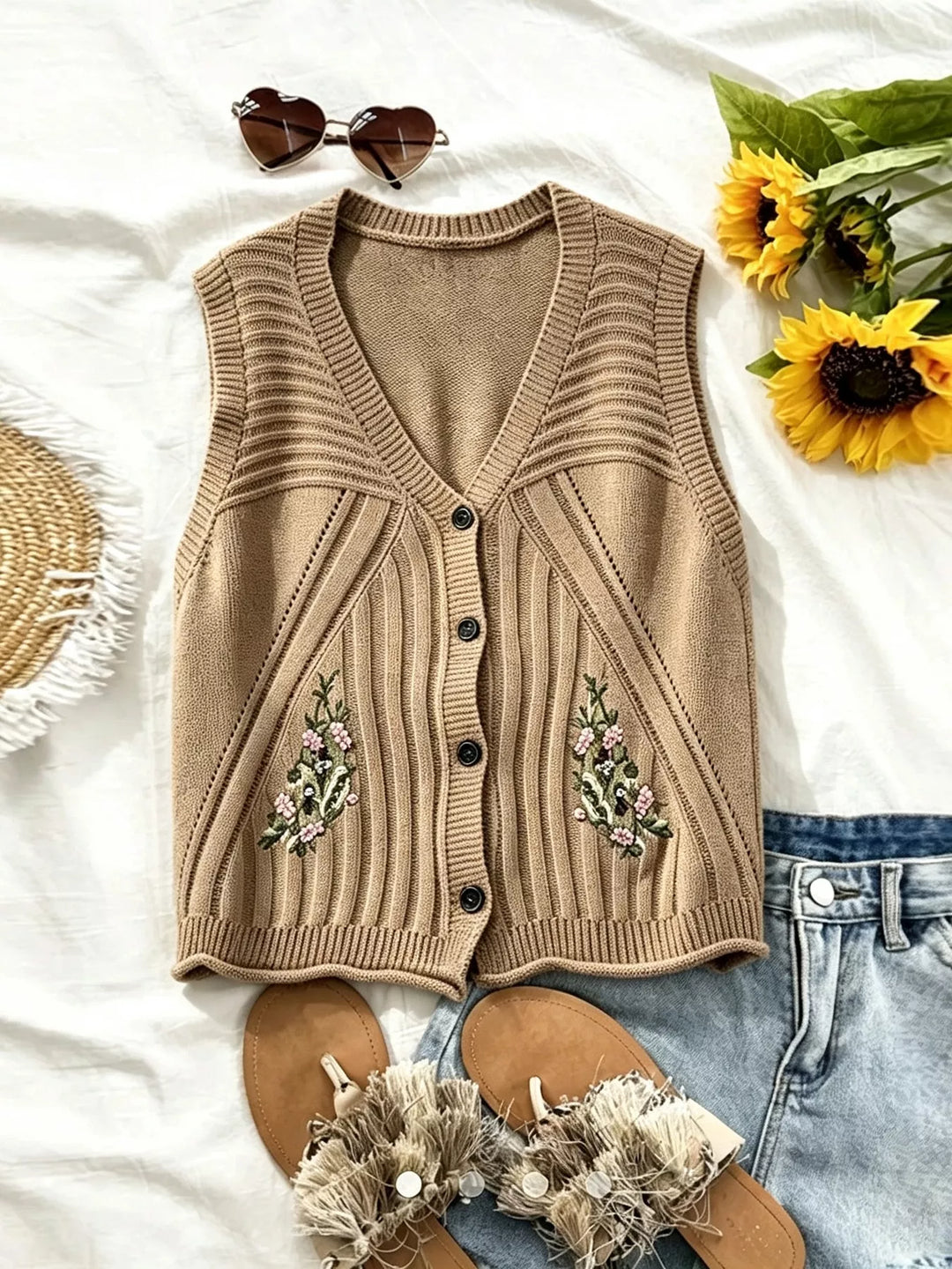 Floral embroidered knit sweater vest with button front