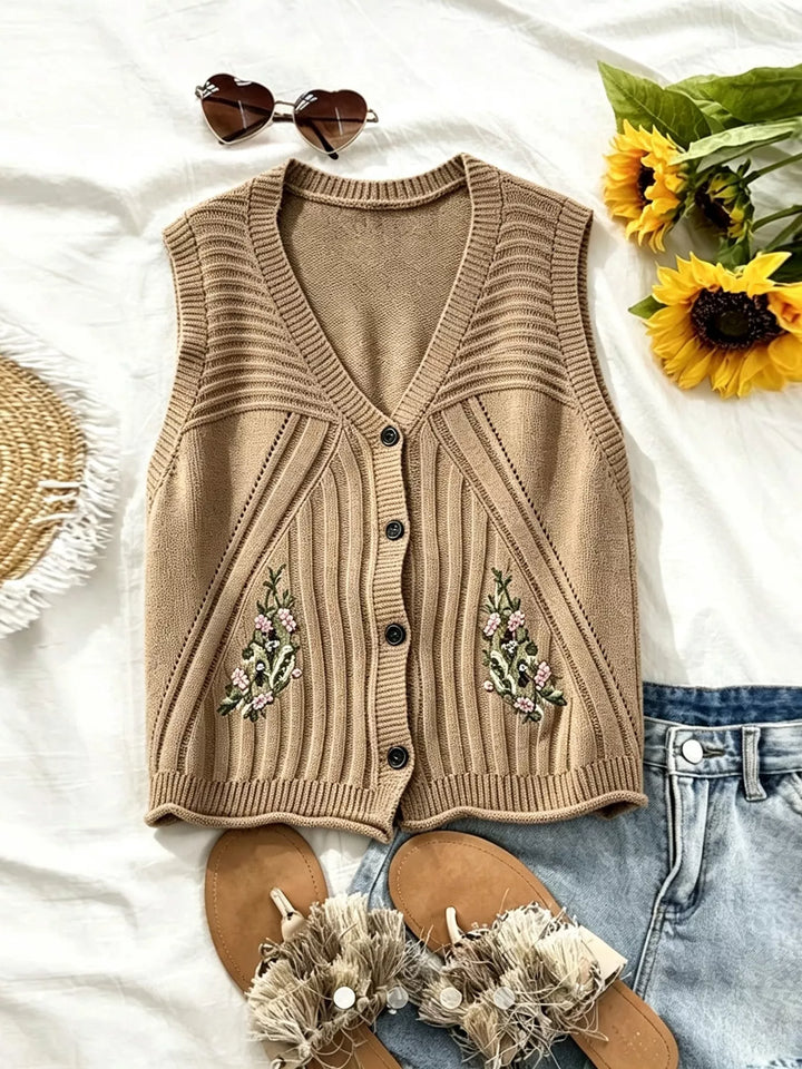 Floral embroidered knit sweater vest with button front