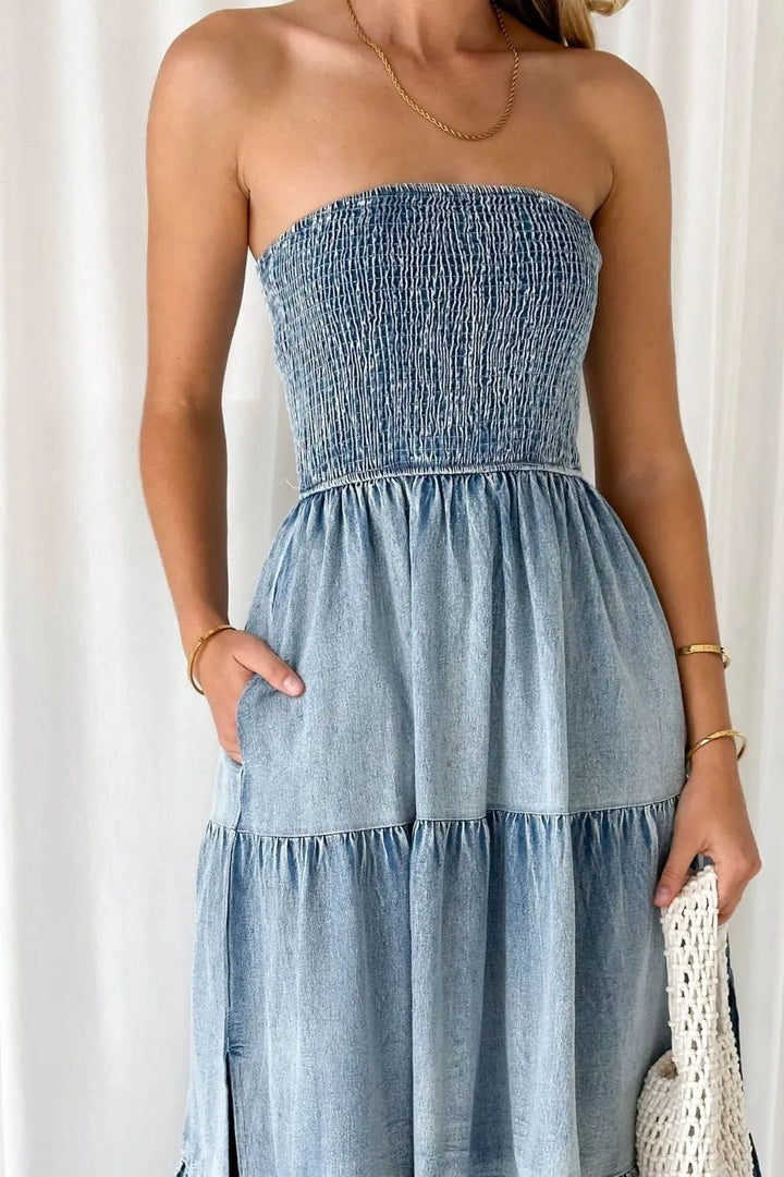 Smocked strapless tiered denim maxi dress with side slit