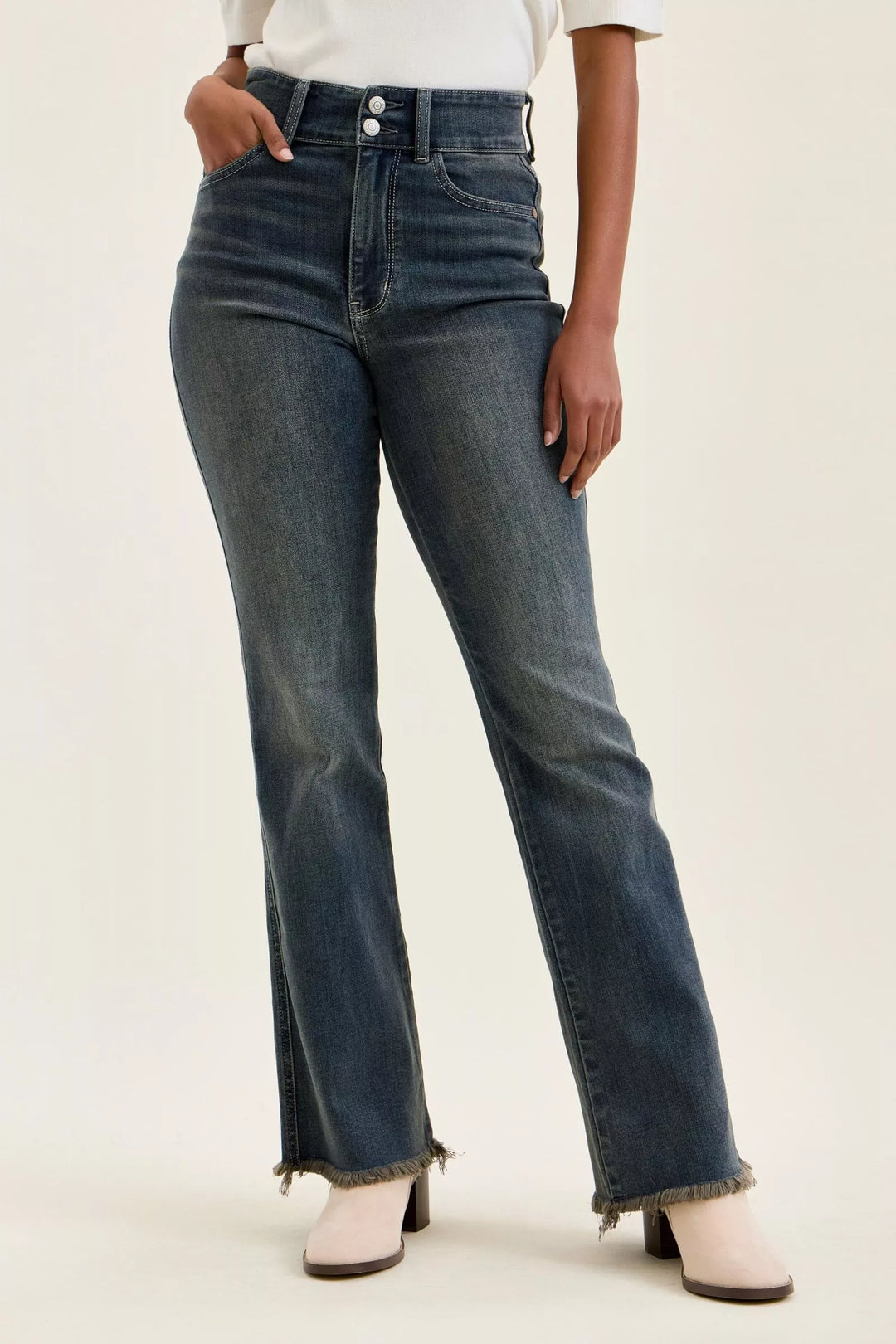 MD High-rise double-button frayed hem flare jeans