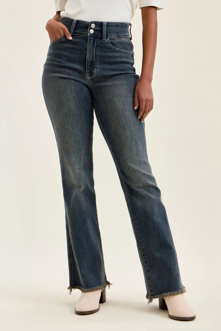 MD High-rise double-button frayed hem flare jeans
