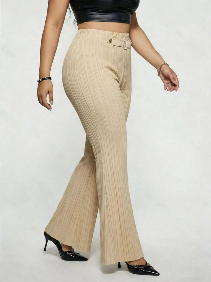 Plus size high-rise ribbed flare pants with buckle detail