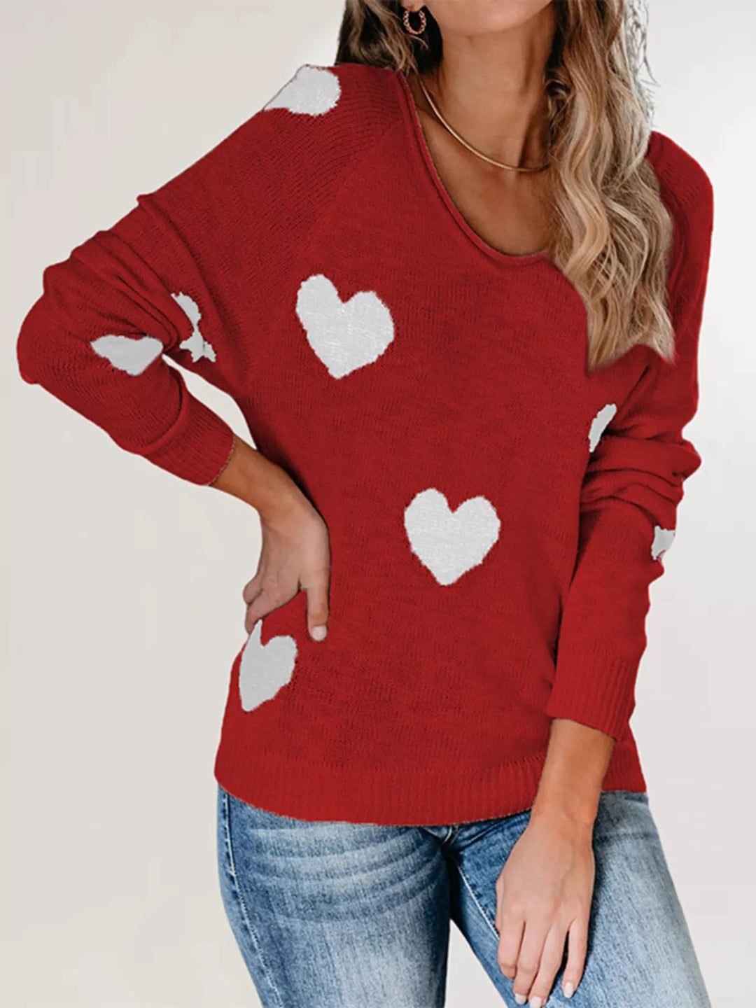Heart pattern knit pullover sweater with V-neck