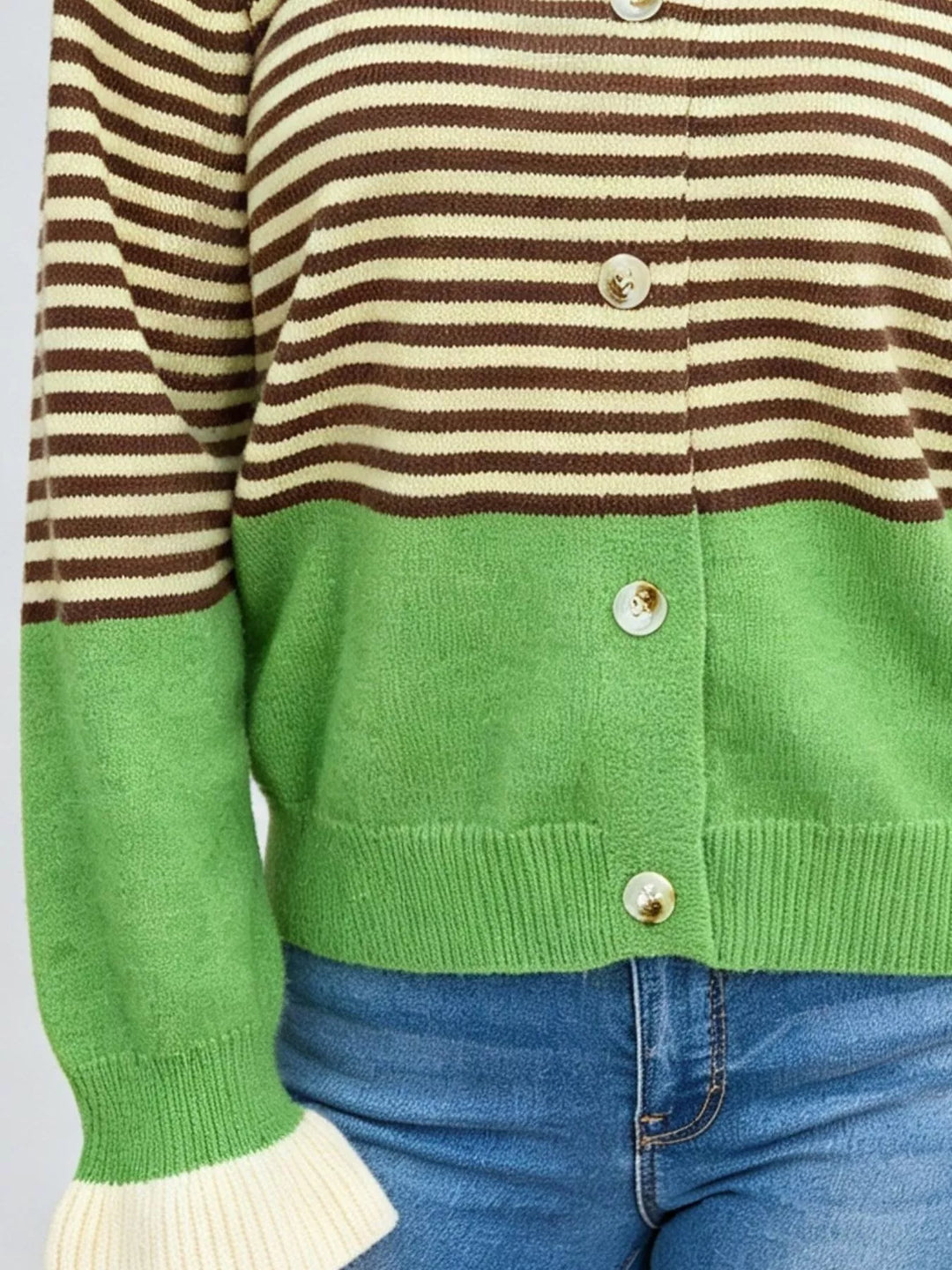 Striped color block button-up cardigan with ruffle cuffs