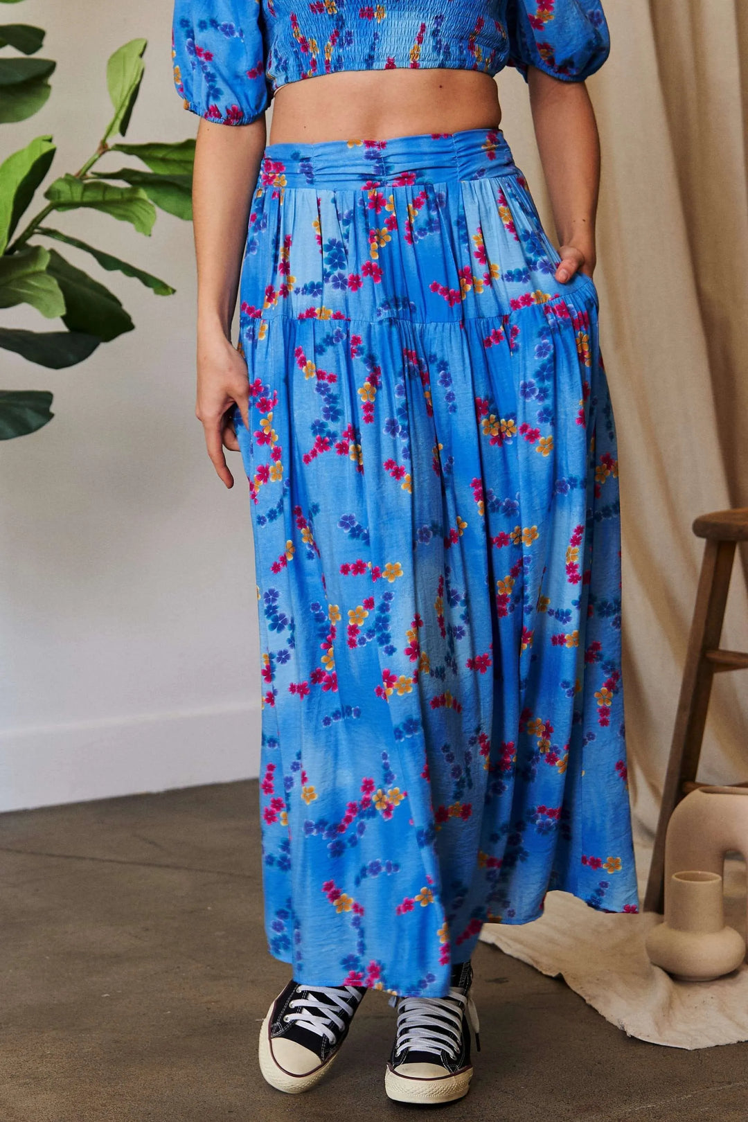 Tiered floral maxi skirt with smocked waistband