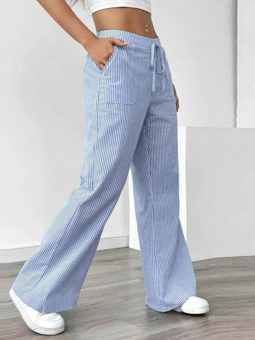 Pinstripe wide-leg pants with drawstring waist
