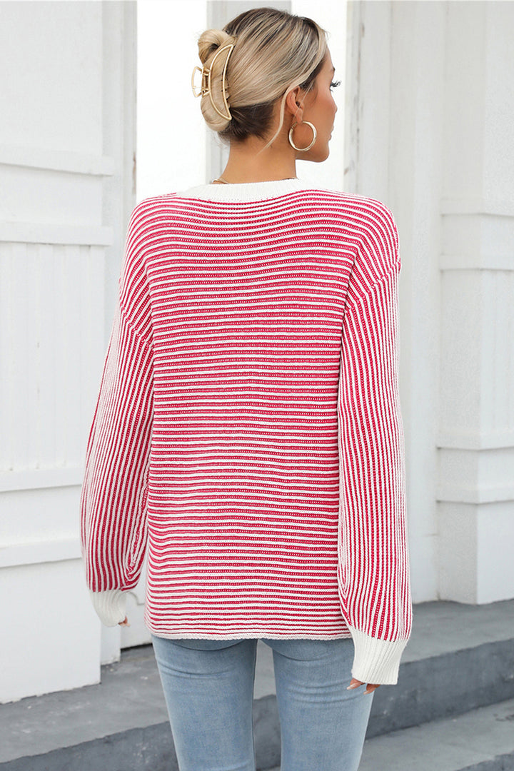 Striped drop-shoulder knit top with ribbed contrast trim
