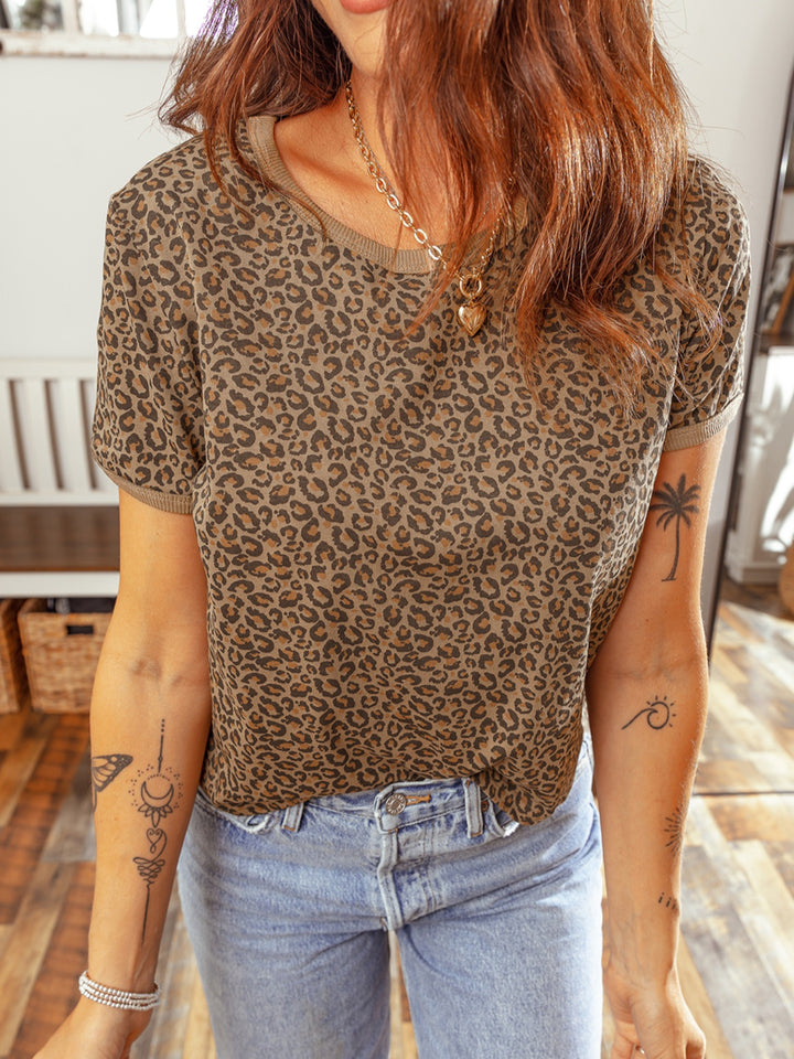Taupe Leopard print short sleeve relaxed crew tee