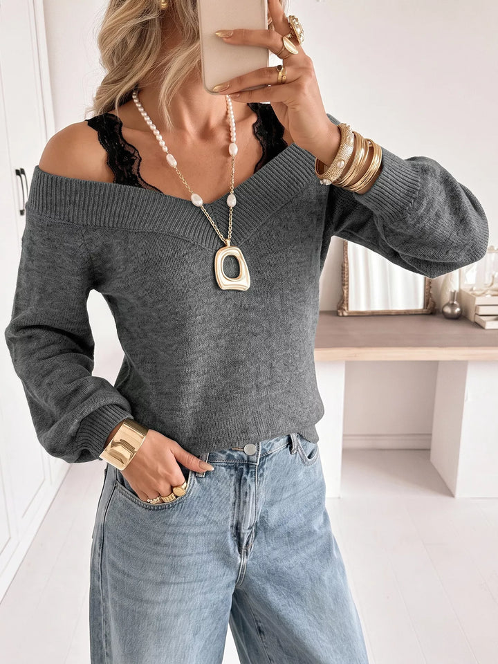 Lace trim off-shoulder V-neck knit sweater