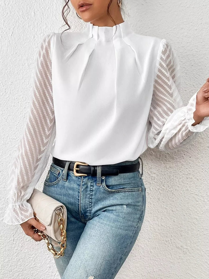Mock neck blouse with sheer textured flounce sleeves