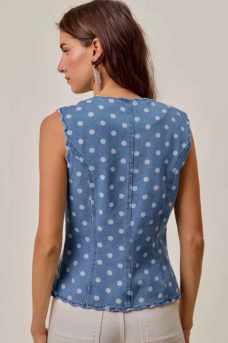 Polka dot denim button-down vest with scallop edge trim