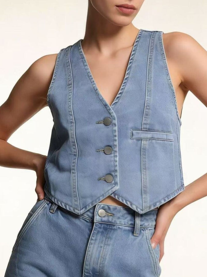 Cropped denim button-down vest with V-neckline