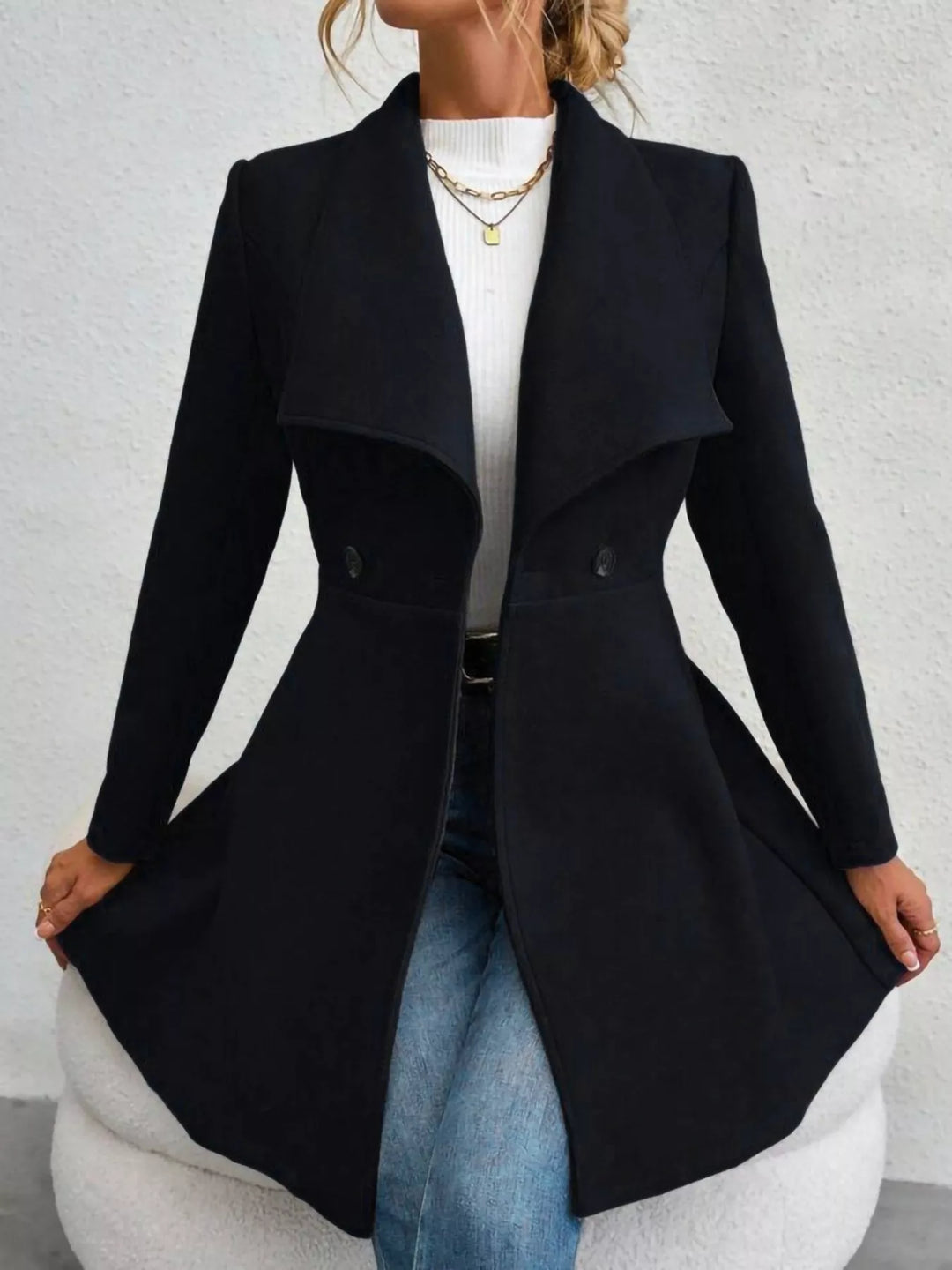 Wide lapel fit-and-flare coat with peplum hem