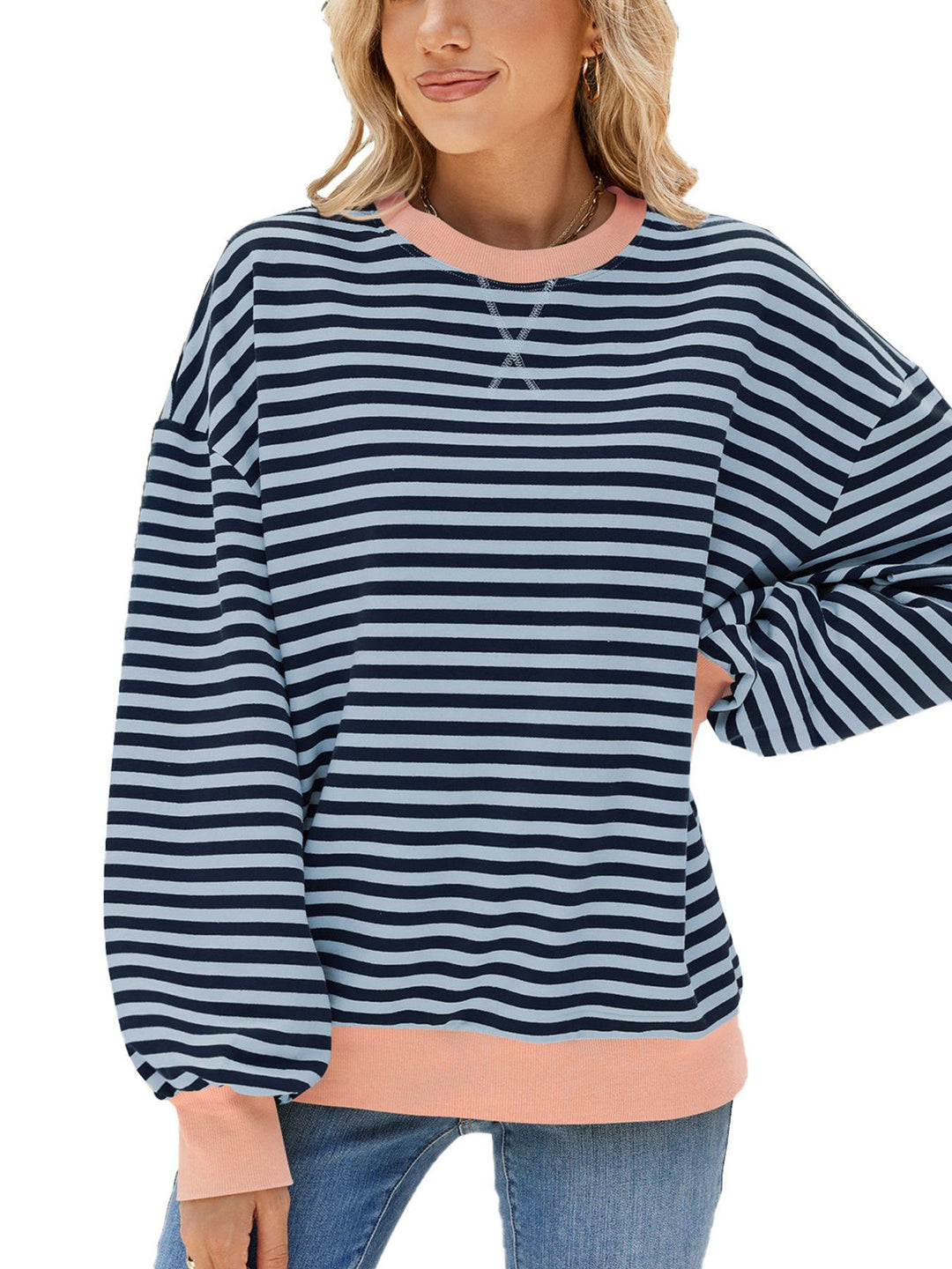 Dusty Blue Striped crew neck sweatshirt with contrast ribbed trim