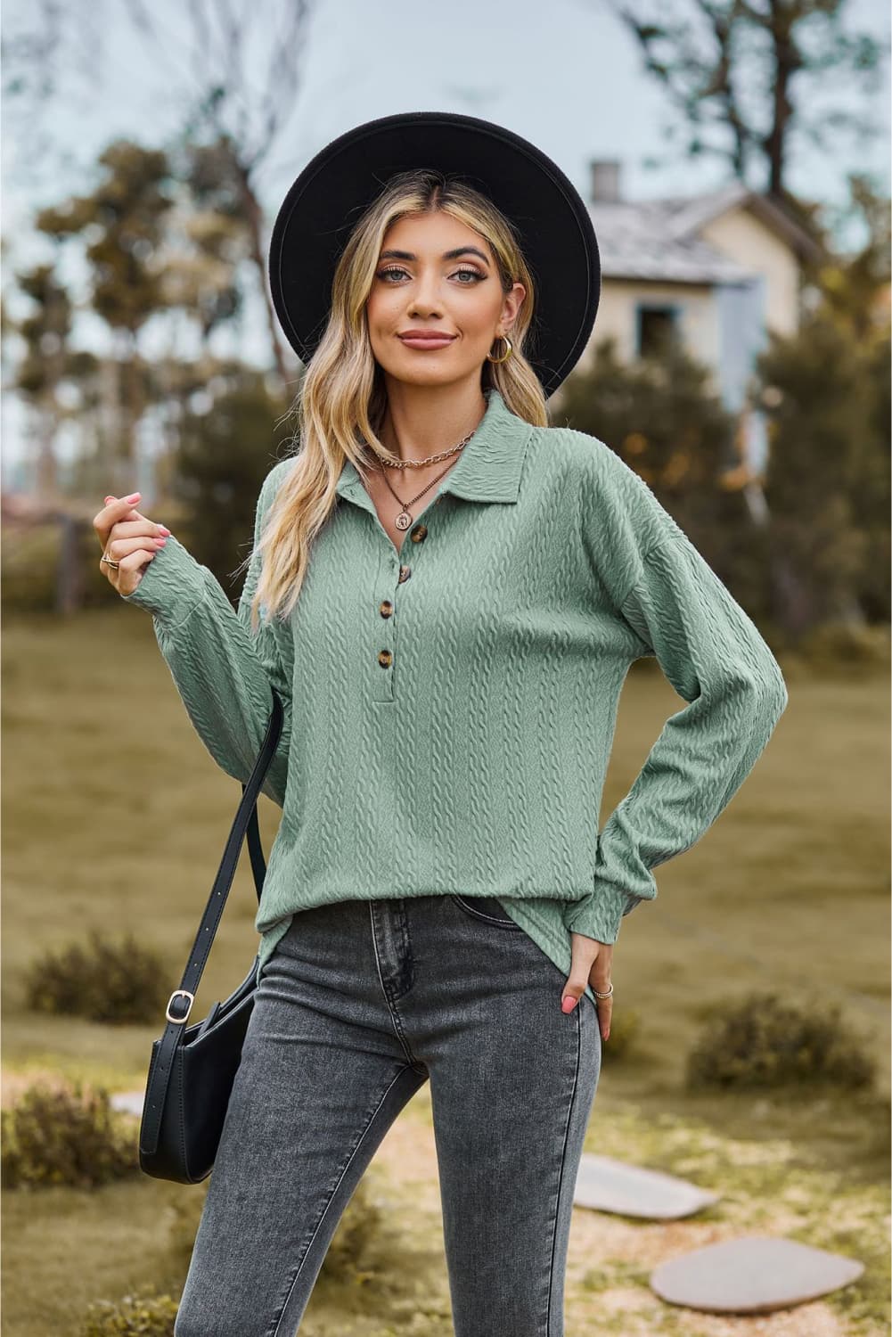 Textured knit collared top with half-button placket