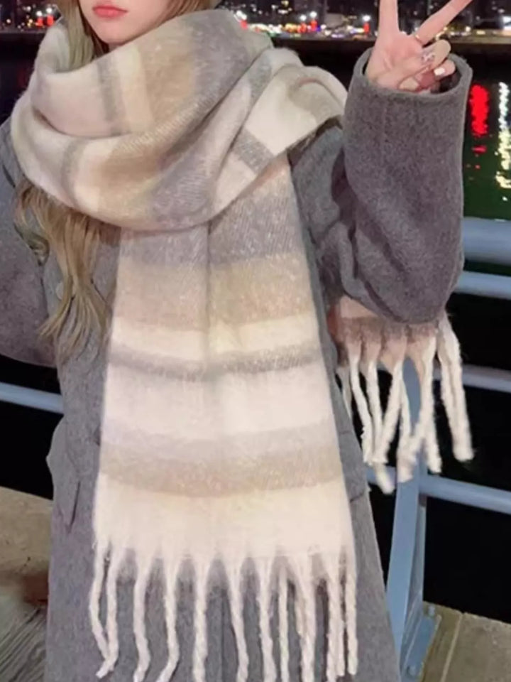 Striped brushed knit blanket scarf with fringe trim
