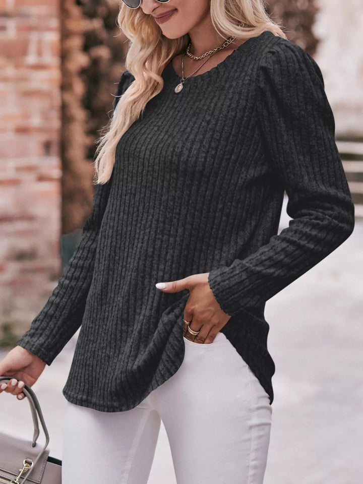 Black Ribbed knit long sleeve top with puff shoulders