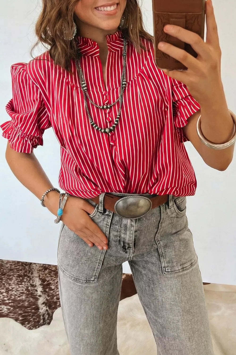 Strawberry Striped ruffle-trim short sleeve button-front shirt