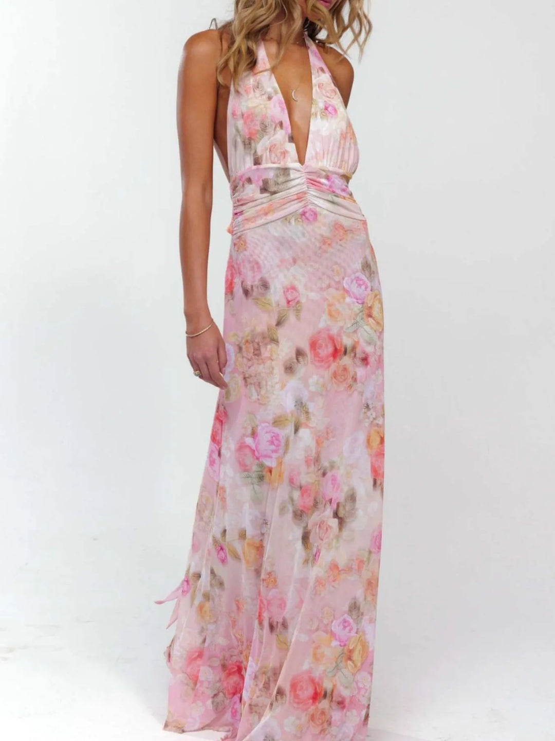 Backless floral halter deep V maxi dress with ruched waist