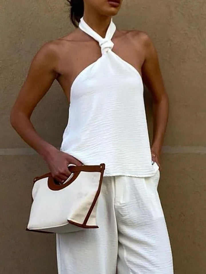 White Twisted knot halter neck backless cami top