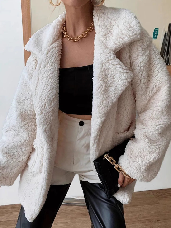 Cream Fuzzy sherpa open front coat with notched lapels