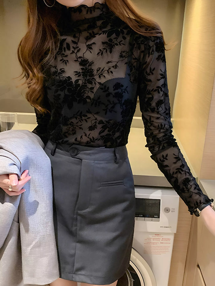 Sheer floral mesh mock neck long sleeve top