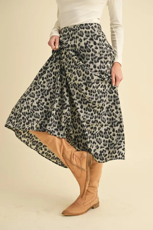 Flowy leopard print A-line midi skirt