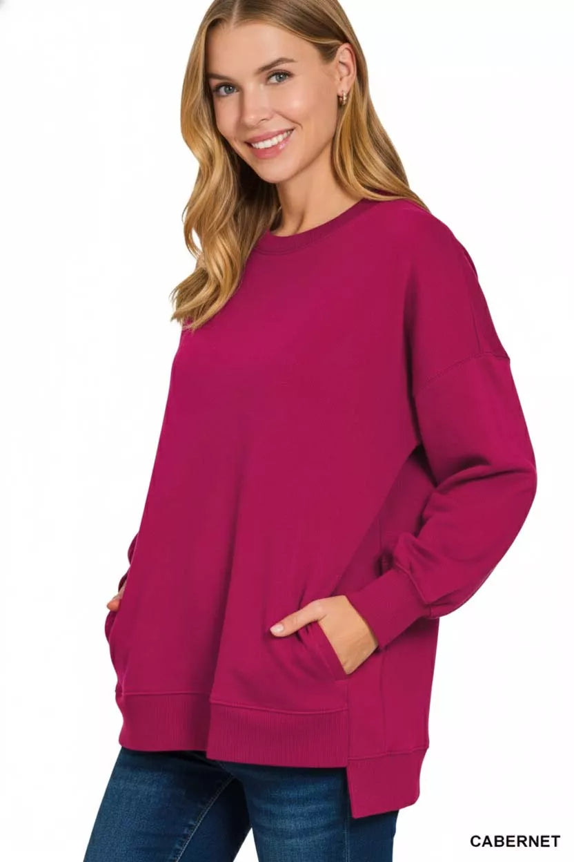 Fleece hi-low boyfriend sweatshirt with side pockets