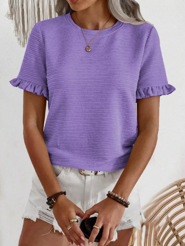 Ruffle-cuff crew neck top with crinkle texture
