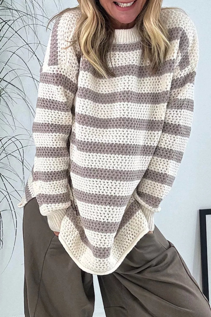 Striped waffle knit dropped shoulder sweater