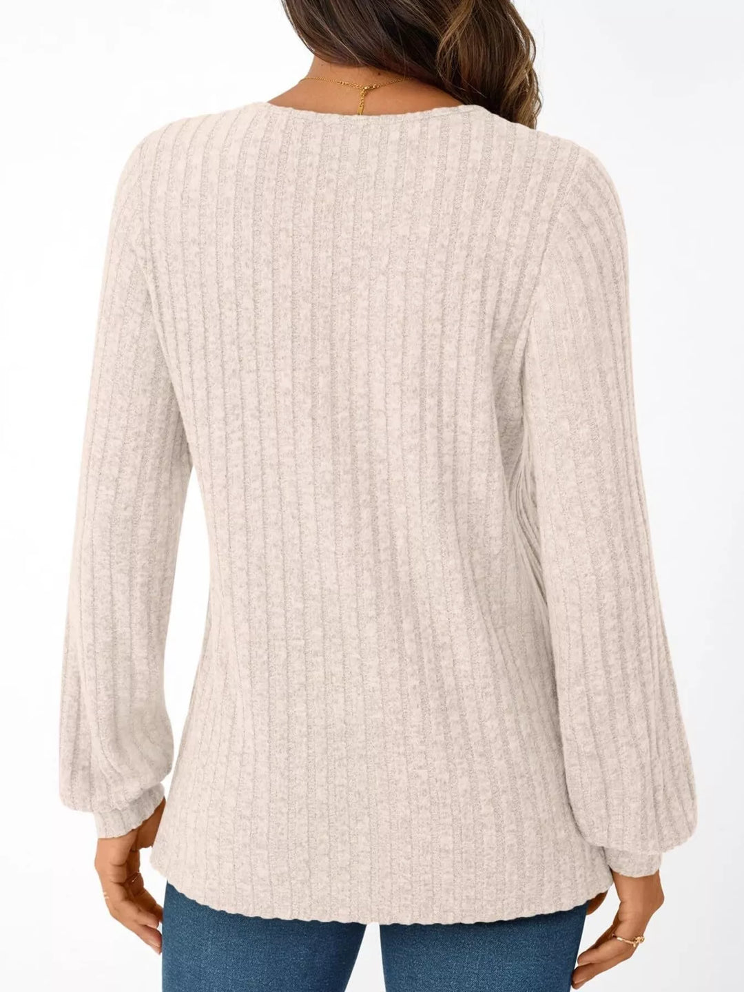 Ribbed knit v-neck top with blouson sleeves