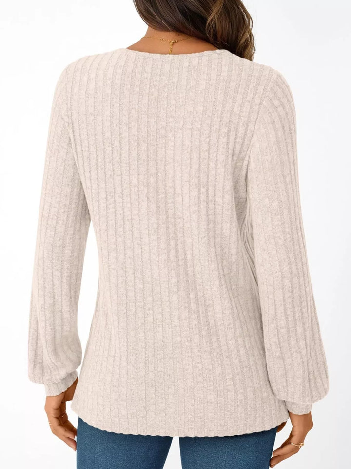 Ribbed knit v-neck top with blouson sleeves